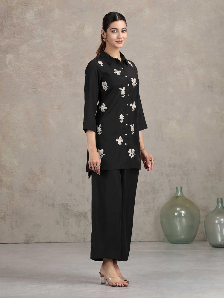 Black Floral Embroidered Straight Co-ord Set
