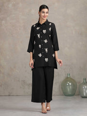 Black Floral Embroidered Straight Co-ord Set