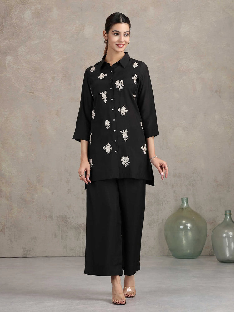 Black Floral Embroidered Straight Co-ord Set