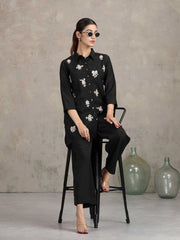 Black Floral Embroidered Straight Co-ord Set
