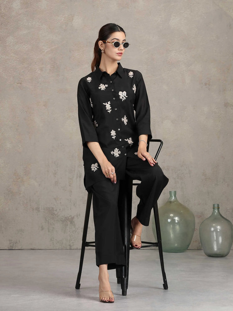 Black Floral Embroidered Straight Co-ord Set