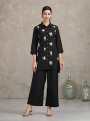 Black Floral Embroidered Straight Co-ord Set