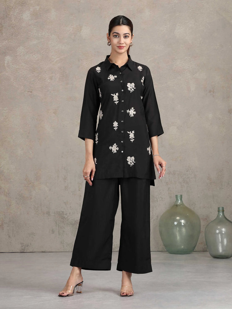 Black Floral Embroidered Straight Co-ord Set