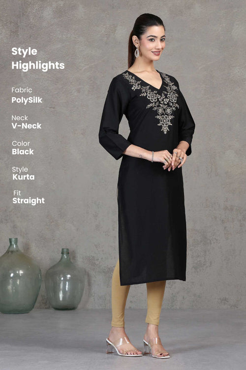 Black Floral Embroidered Straight Kurta