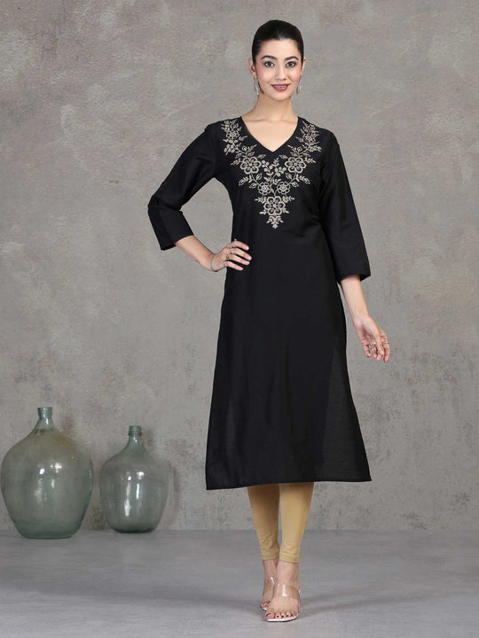 Black Floral Embroidered Straight Kurta
