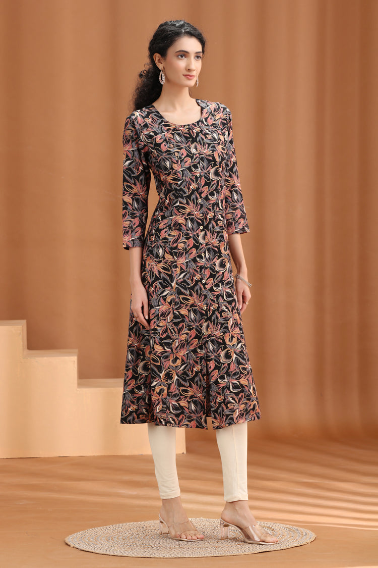 Black Floral Pattern A-Line Kurta