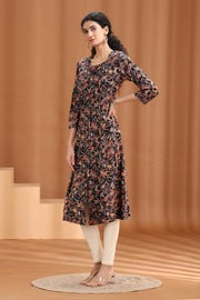 Black Floral Pattern A-Line Kurta