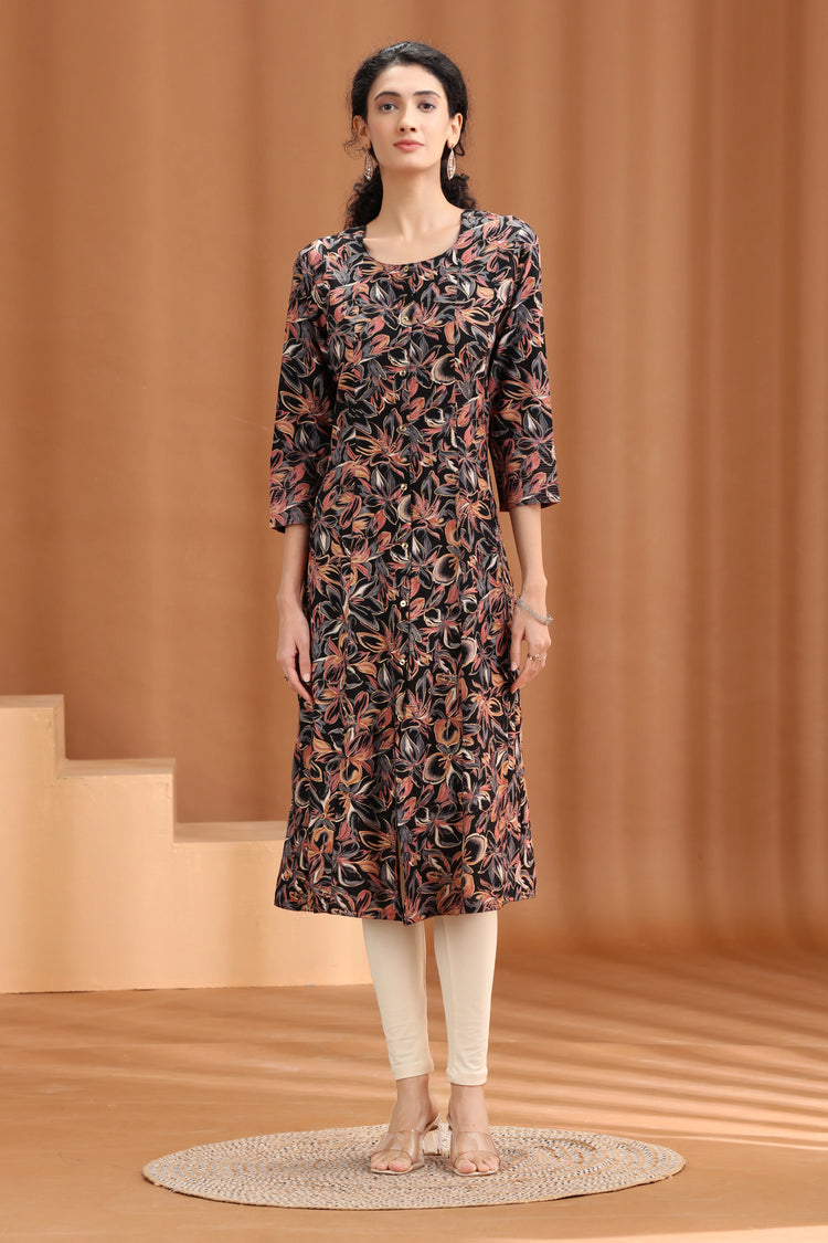 Black Floral Pattern A-Line Kurta