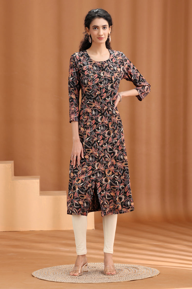 Black Floral Pattern A-Line Kurta
