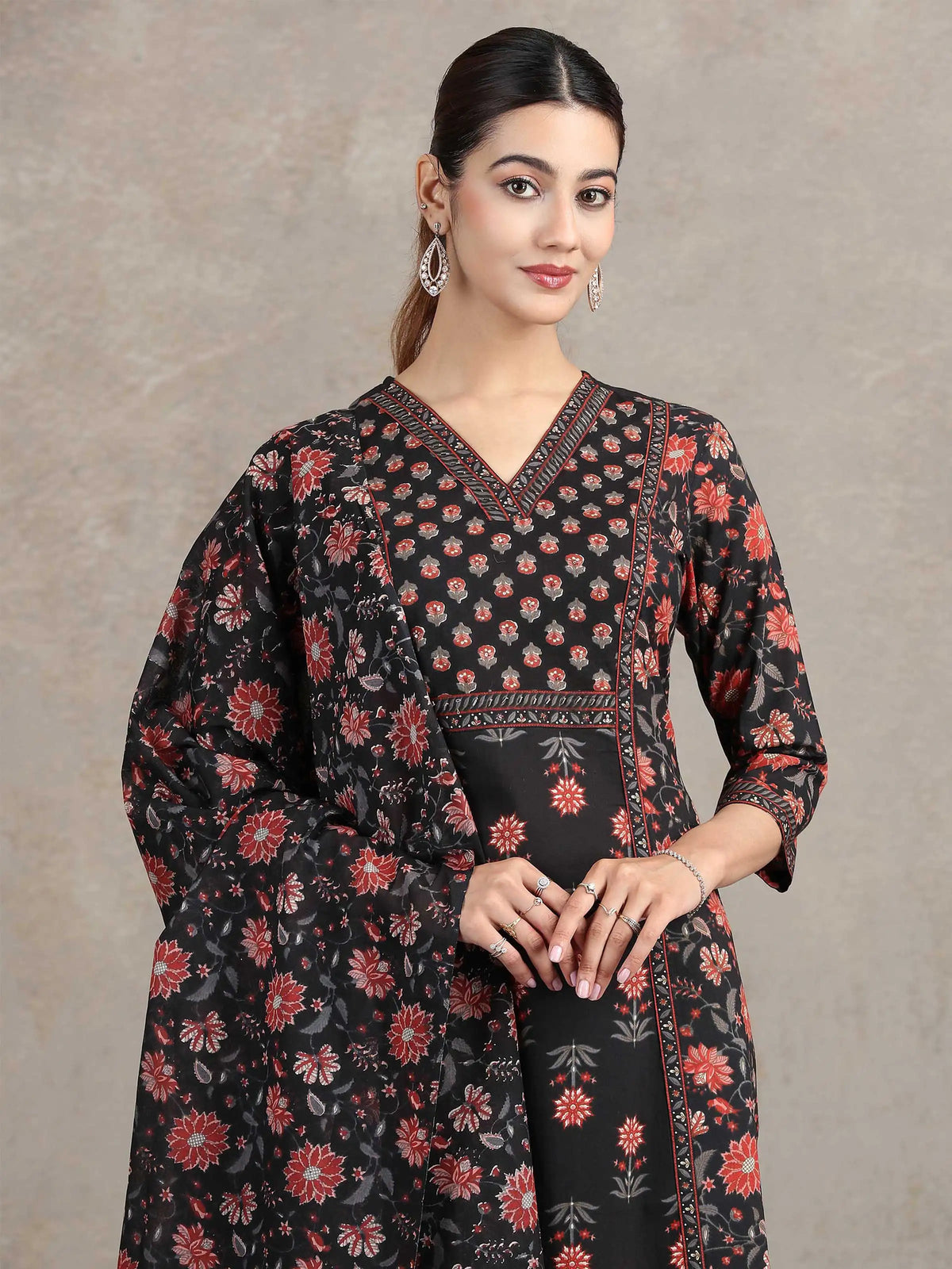 Black Floral Printed A-Line Ethnic Set