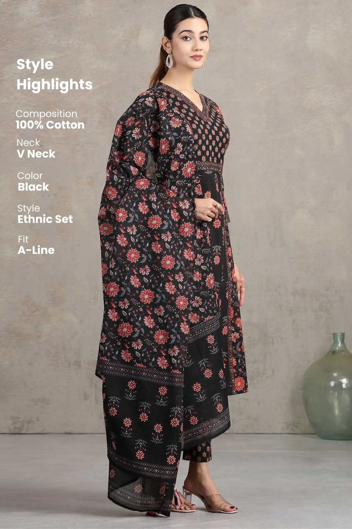 Black Floral Printed A-Line Ethnic Set