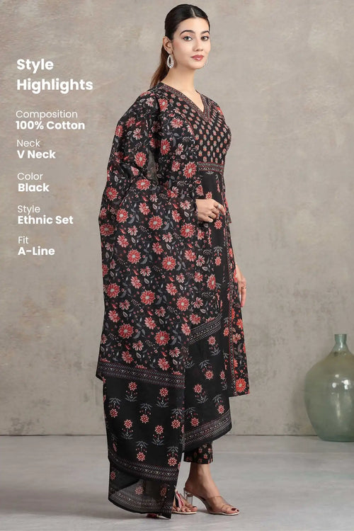 Black Floral Printed A-Line Ethnic Set