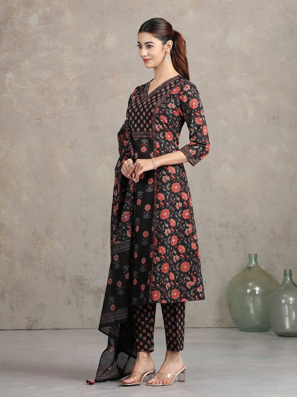 Black Floral Printed A-Line Ethnic Set