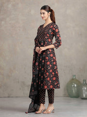 Black Floral Printed A-Line Ethnic Set