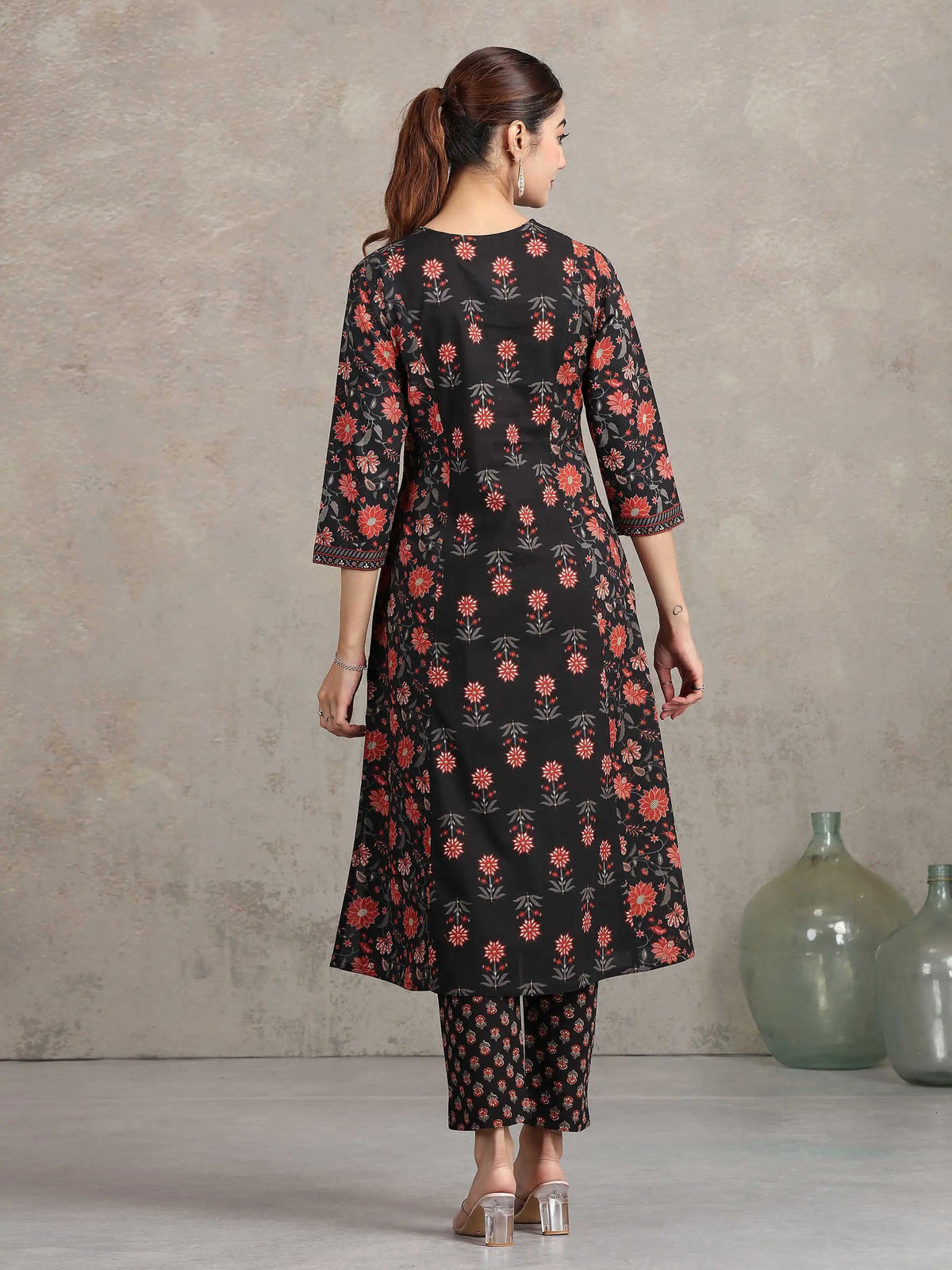 Black Floral Printed A-Line Ethnic Set