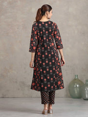 Black Floral Printed A-Line Ethnic Set