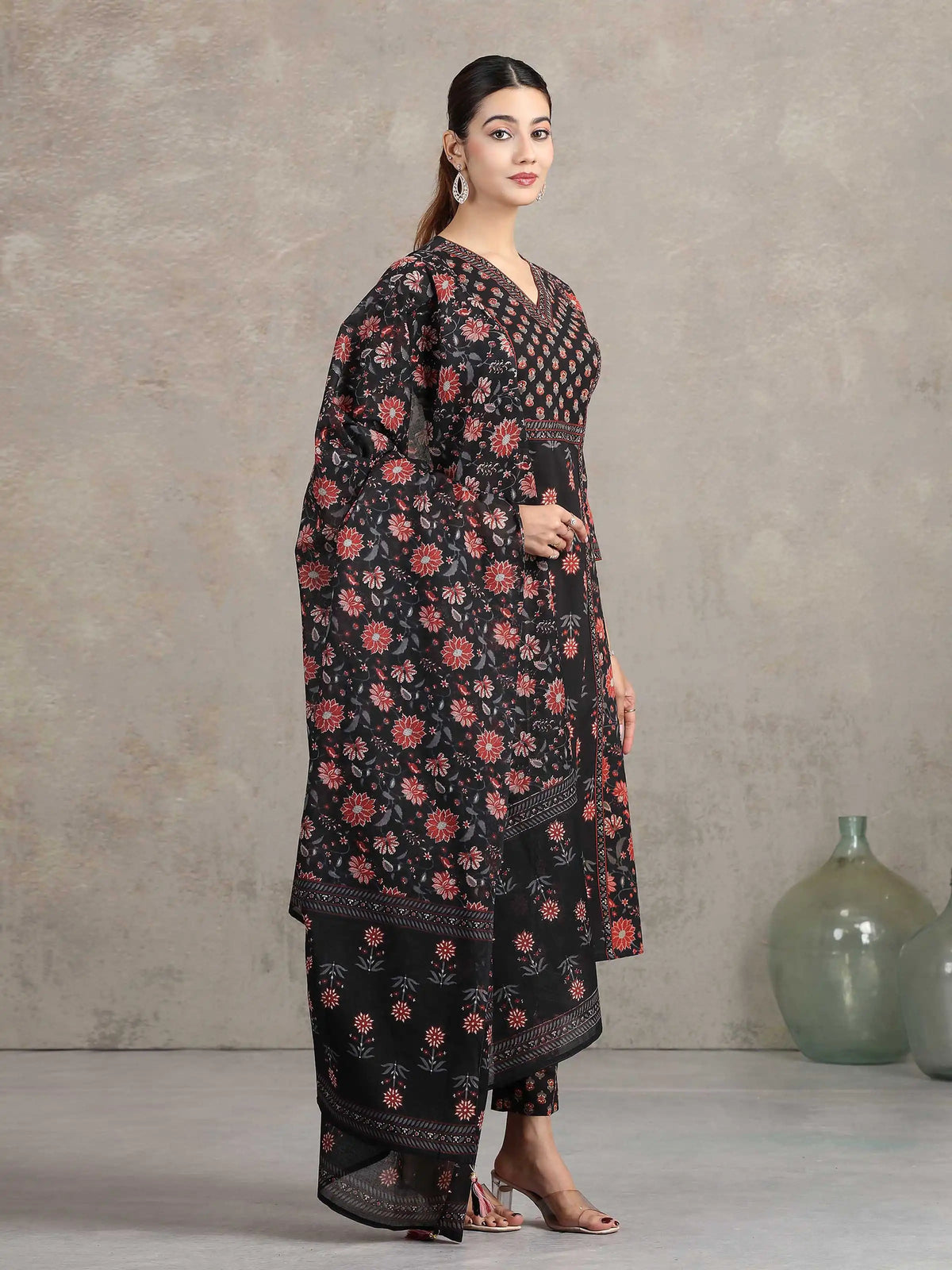 Black Floral Printed A-Line Ethnic Set