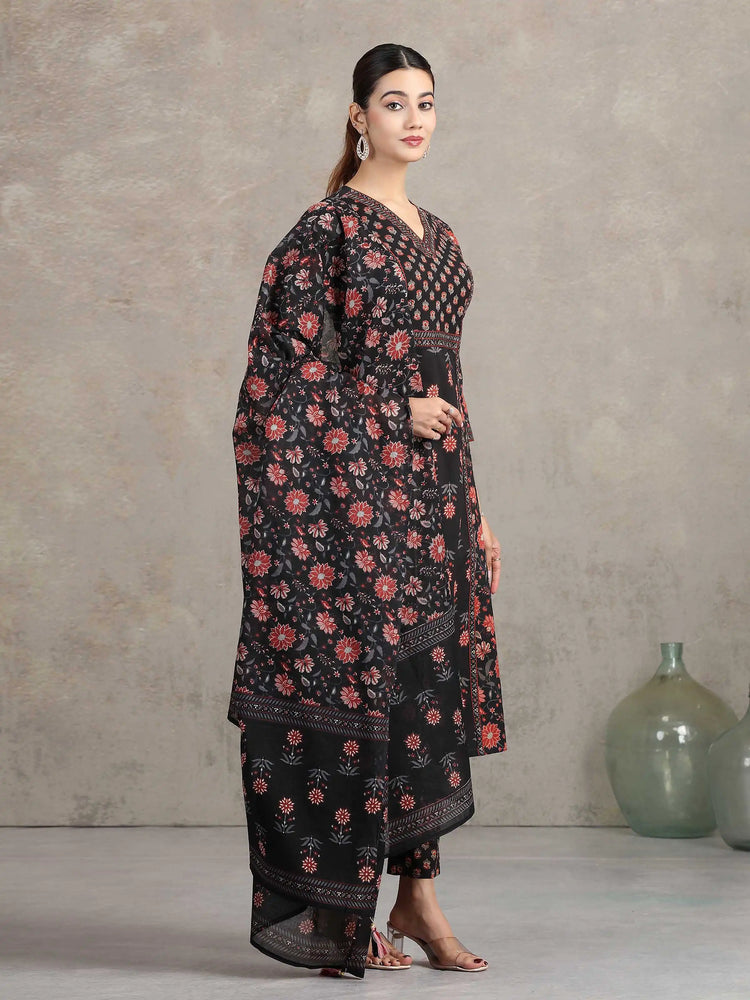 Black Floral Printed A-Line Ethnic Set