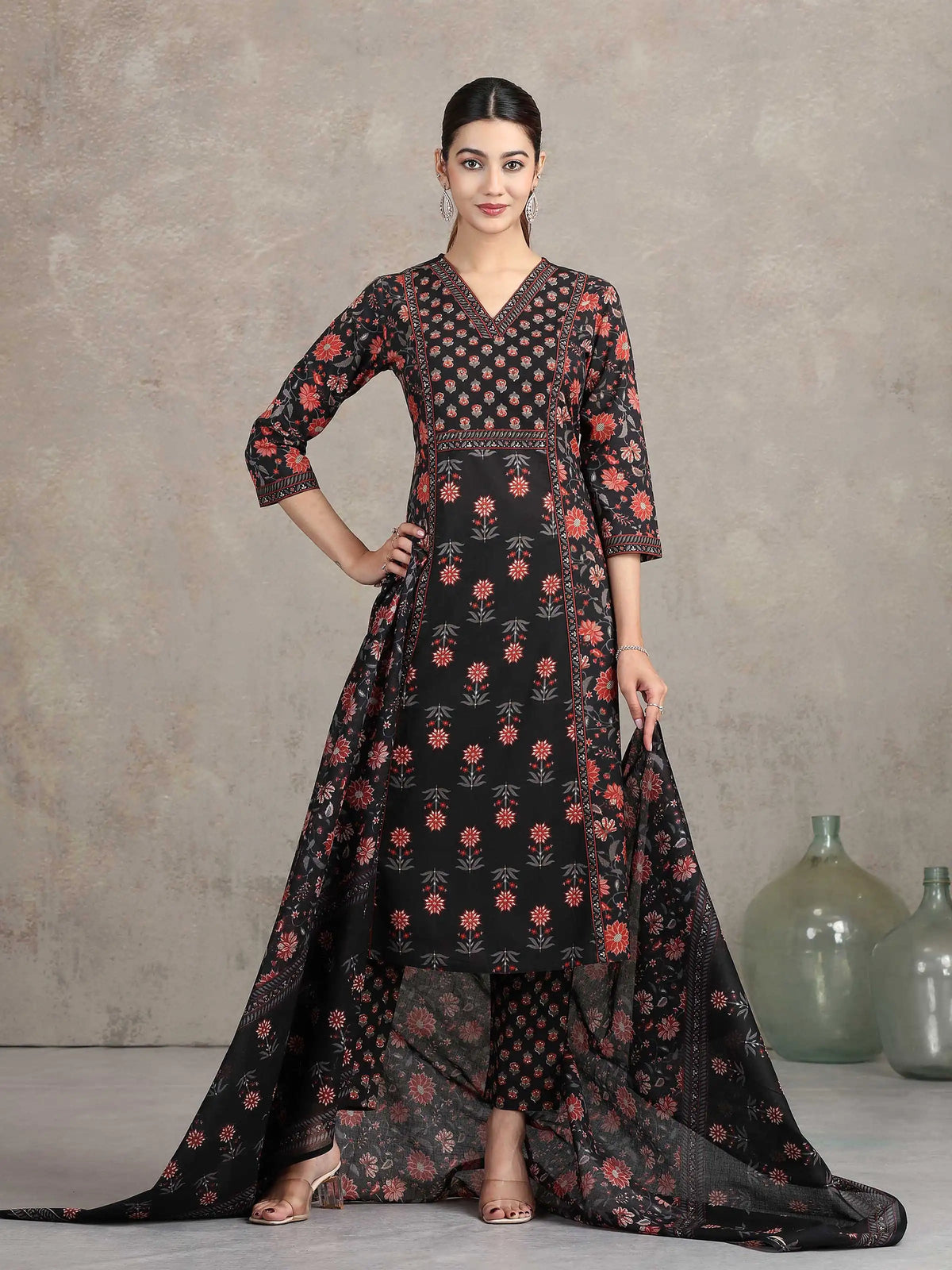 Black Floral Printed A-Line Ethnic Set