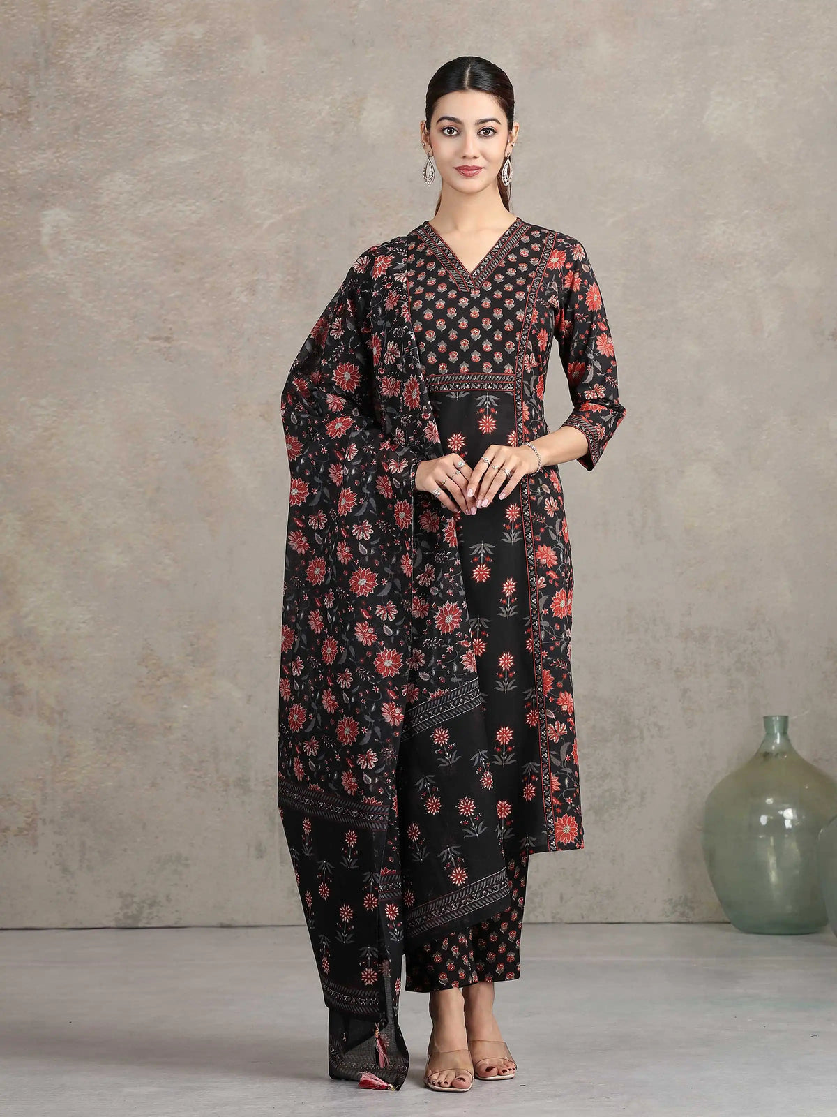 Black Floral Printed A-Line Ethnic Set