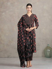 Black Floral Printed A-Line Ethnic Set