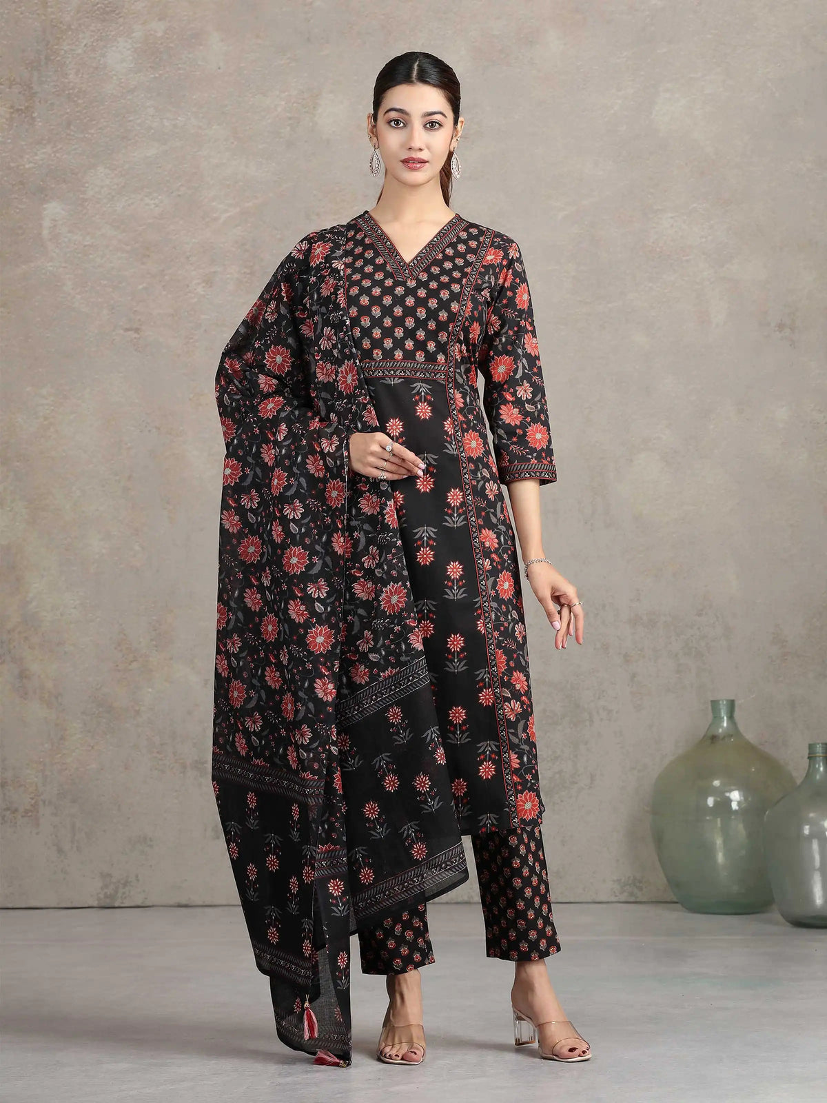Black Floral Printed A-Line Ethnic Set