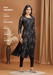 Black Foliage Printed A-Line Kurta