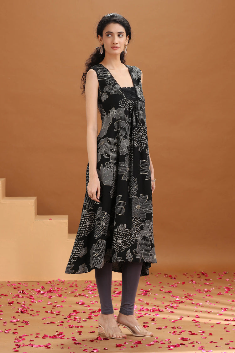 Black Floral Printed A-Line Kurta