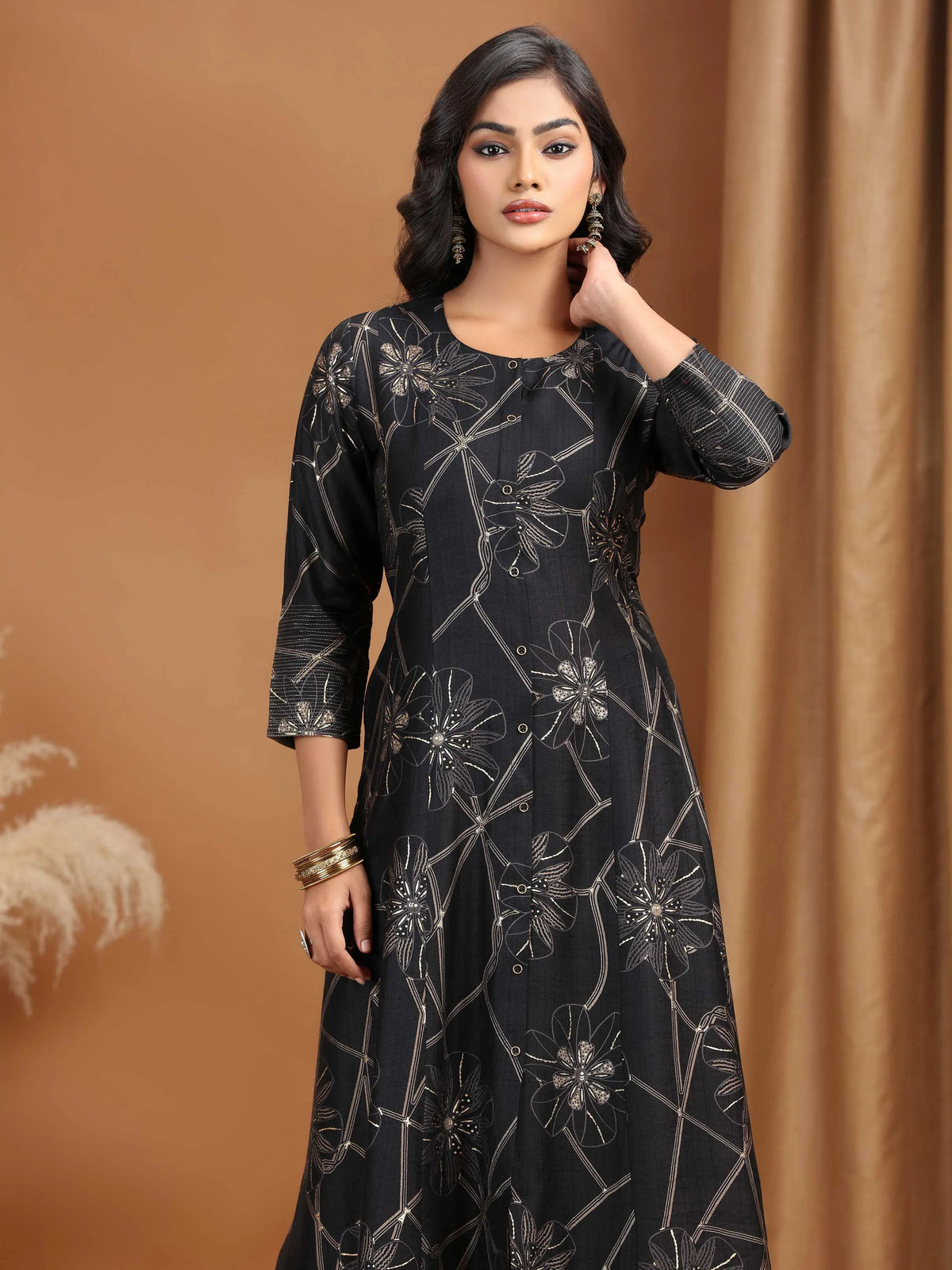 Black Foliage Printed A-Line Kurta