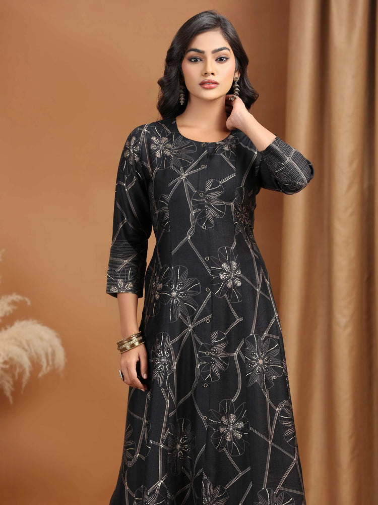 Black Foliage Printed A-Line Kurta