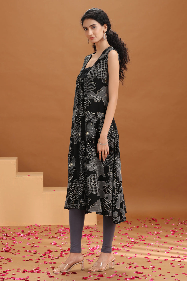 Black Floral Printed A-Line Kurta