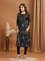 Black Foliage Printed A-Line Kurta
