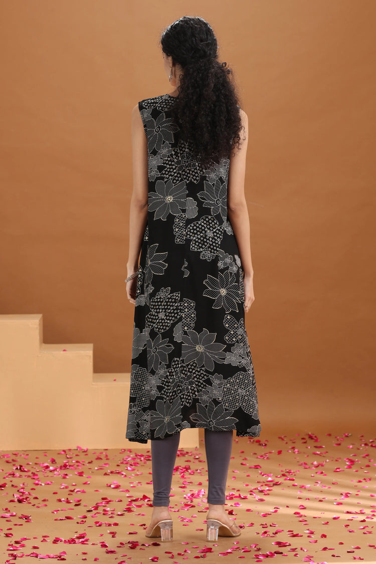 Black Floral Printed A-Line Kurta