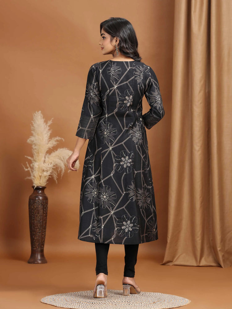 Black Foliage Printed A-Line Kurta