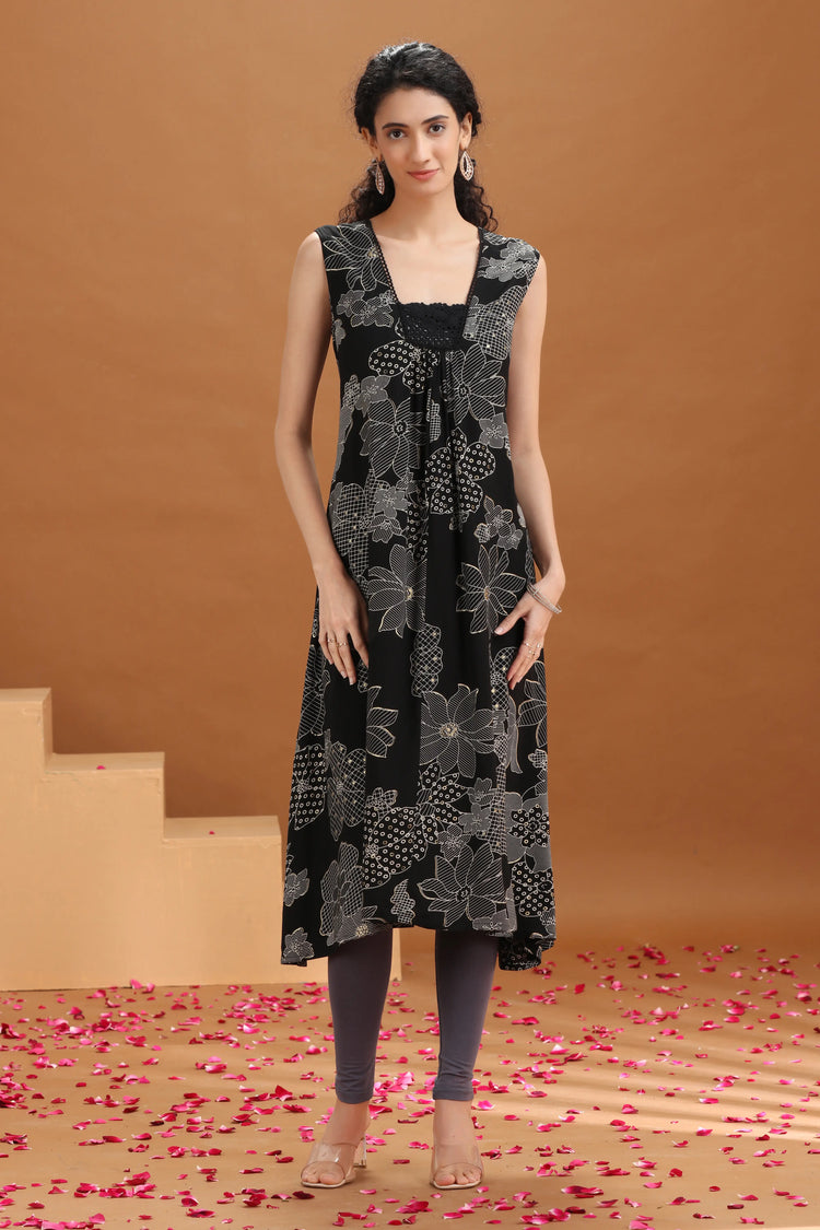 Black Floral Printed A-Line Kurta