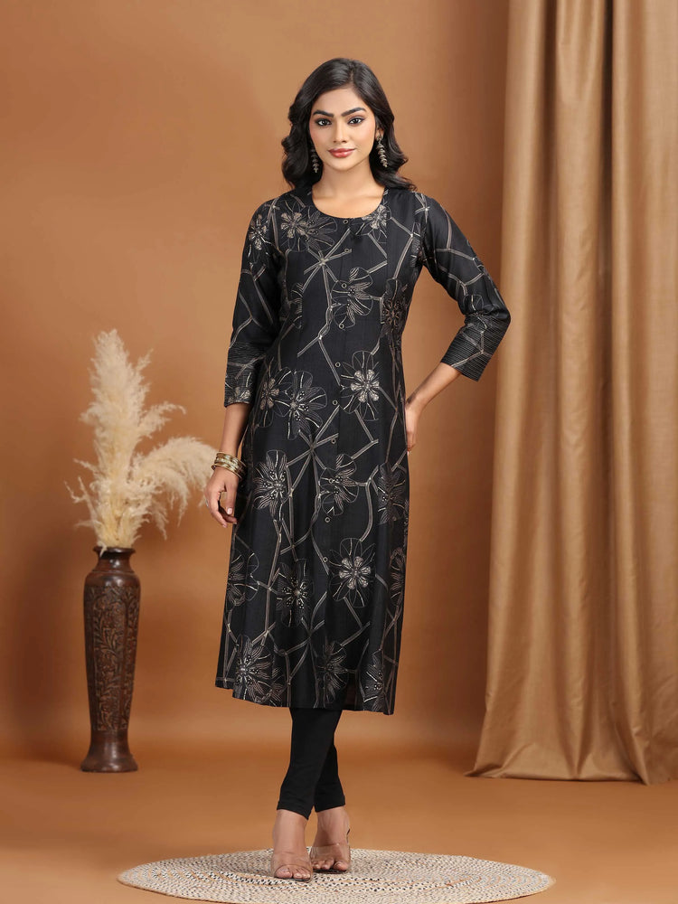 Black Foliage Printed A-Line Kurta