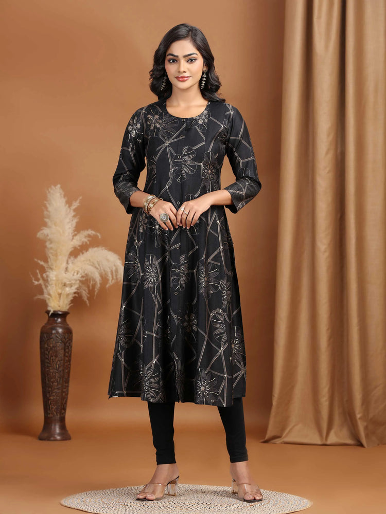 Black Foliage Printed A-Line Kurta
