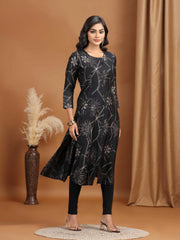 Black Foliage Printed A-Line Kurta