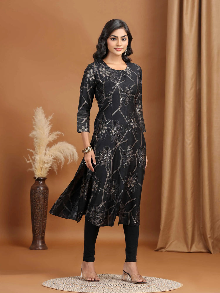 Black Foliage Printed A-Line Kurta
