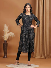 Black Foliage Printed A-Line Kurta