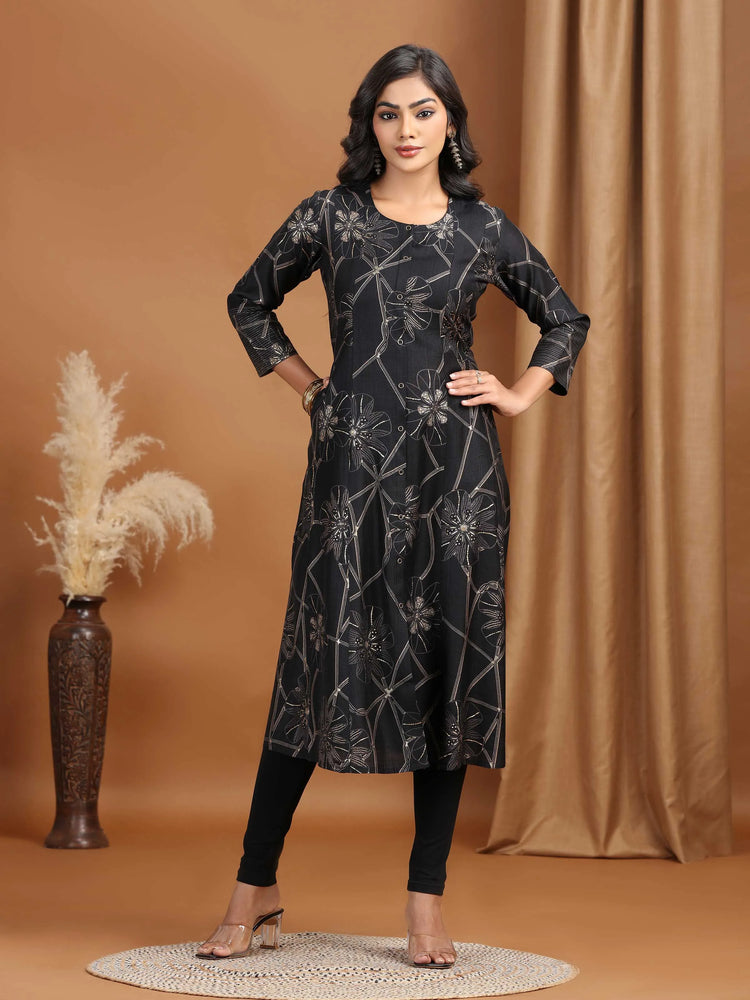 Black Foliage Printed A-Line Kurta