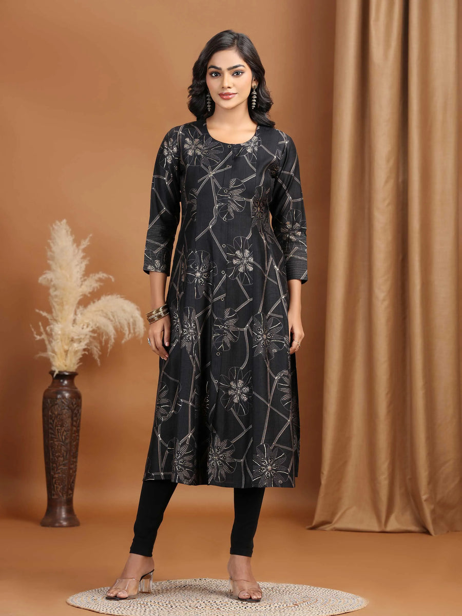 Black Foliage Printed A-Line Kurta