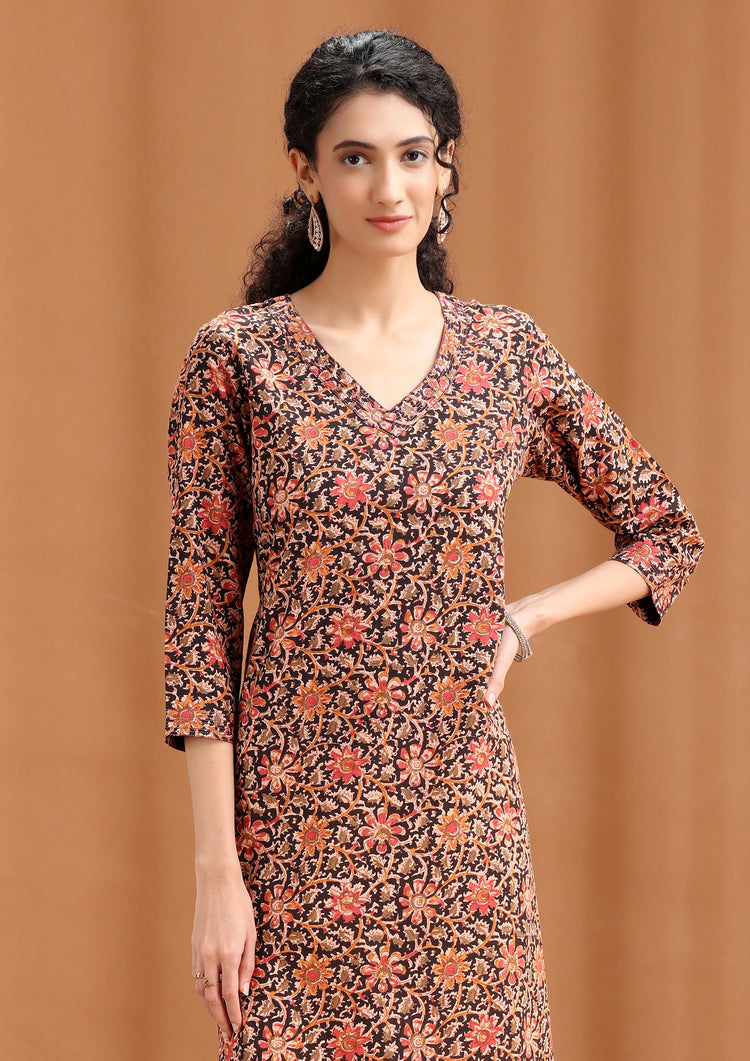 Black Floral Printed Cotton Straight Kurta