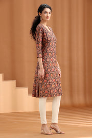 Black Floral Printed Cotton Straight Kurta