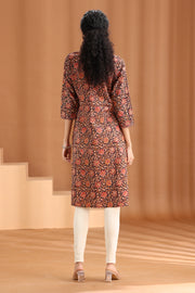 Black Floral Printed Cotton Straight Kurta