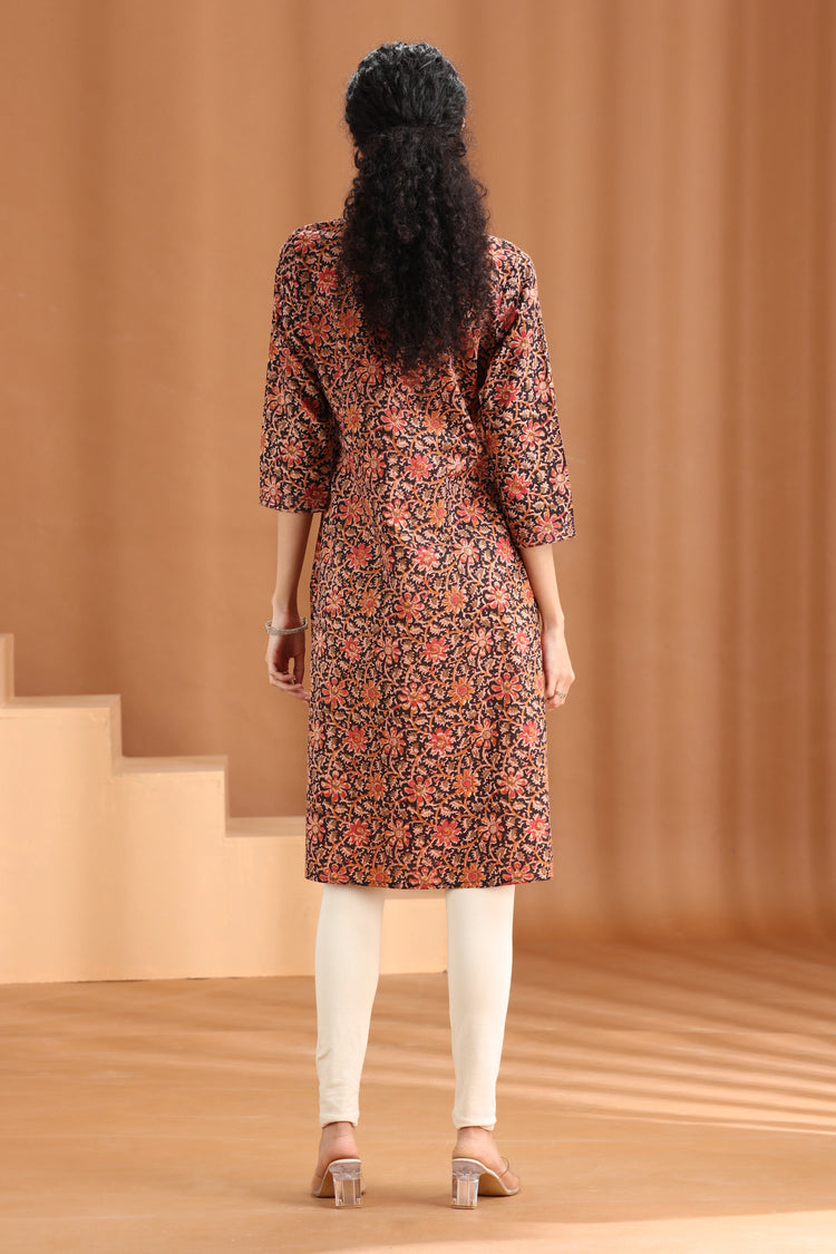 Black Floral Printed Cotton Straight Kurta