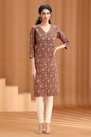 Black Floral Printed Cotton Straight Kurta