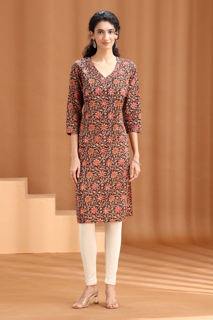 Black Floral Printed Cotton Straight Kurta