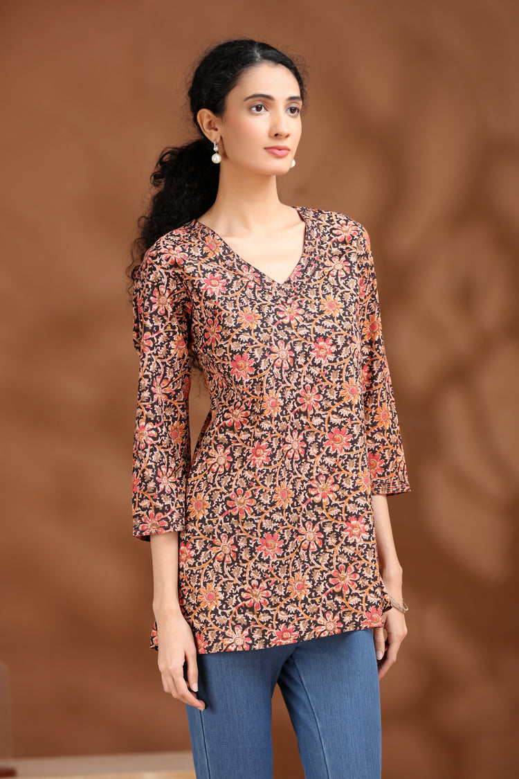 Black Floral Printed Cotton Tunic