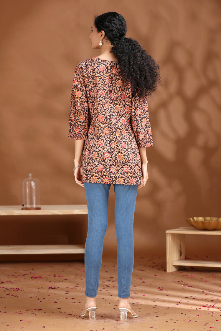 Black Floral Printed Cotton Tunic